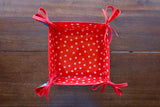 Reversible Oilcloth Basket in Blue Hibiscus and White on Red Polka Dot