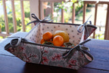 Reversible Oilcloth Basket in Silver Cherry Blossom and Silver on White Polka Dot