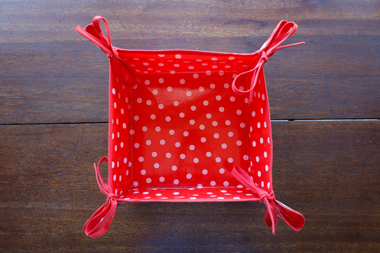 Reversible Oilcloth Basket in White Vintage Christmas and White on Red Polka Dot