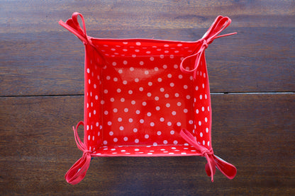 Reversible Oilcloth Basket in White Vintage Christmas and White on Red Polka Dot