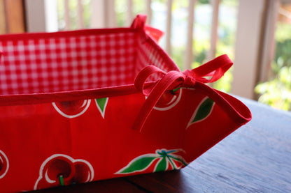 Reversible Oilcloth Basket in Red Cherry and Red Gingham