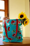 Reversible Oilcloth Totebag - Turquoise Cherry with White on Red Polka - Two Sizes