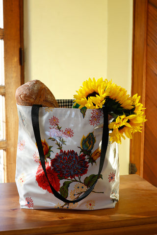 Reversible Oilcloth Totebag - White Mums with Black Gingham - Two Sizes