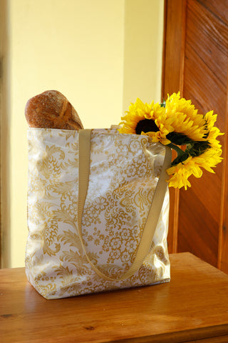 Reversible Oilcloth Totebag - Gold Toile with Gold Art Deco - Two Sizes