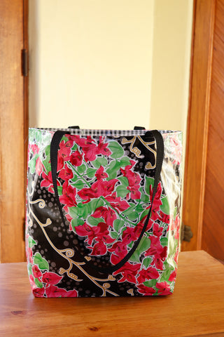 Reversible Oilcloth Totebag - Black Bougainvillea with Black Gingham - Two Sizes