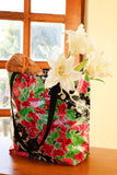 Reversible Oilcloth Totebag - Black Bougainvillea with Black Gingham - Two Sizes