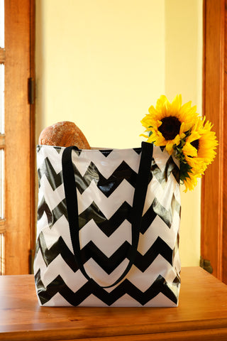 Reversible Oilcloth Totebag - Black Chevron with Black and Silver Confetti - Two Sizes