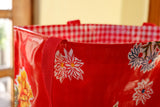 Reversible Oilcloth Totebag - Red Mums with Red Gingham - Two Sizes