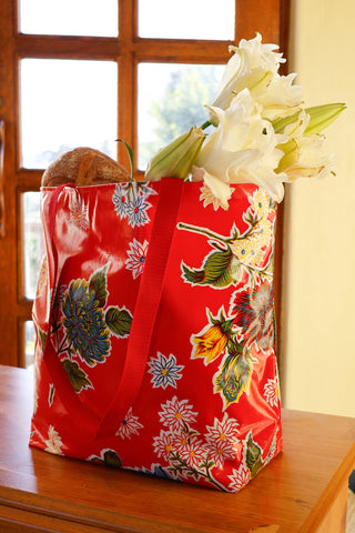 Reversible Oilcloth Totebag - Red Mums with Red Gingham - Two Sizes