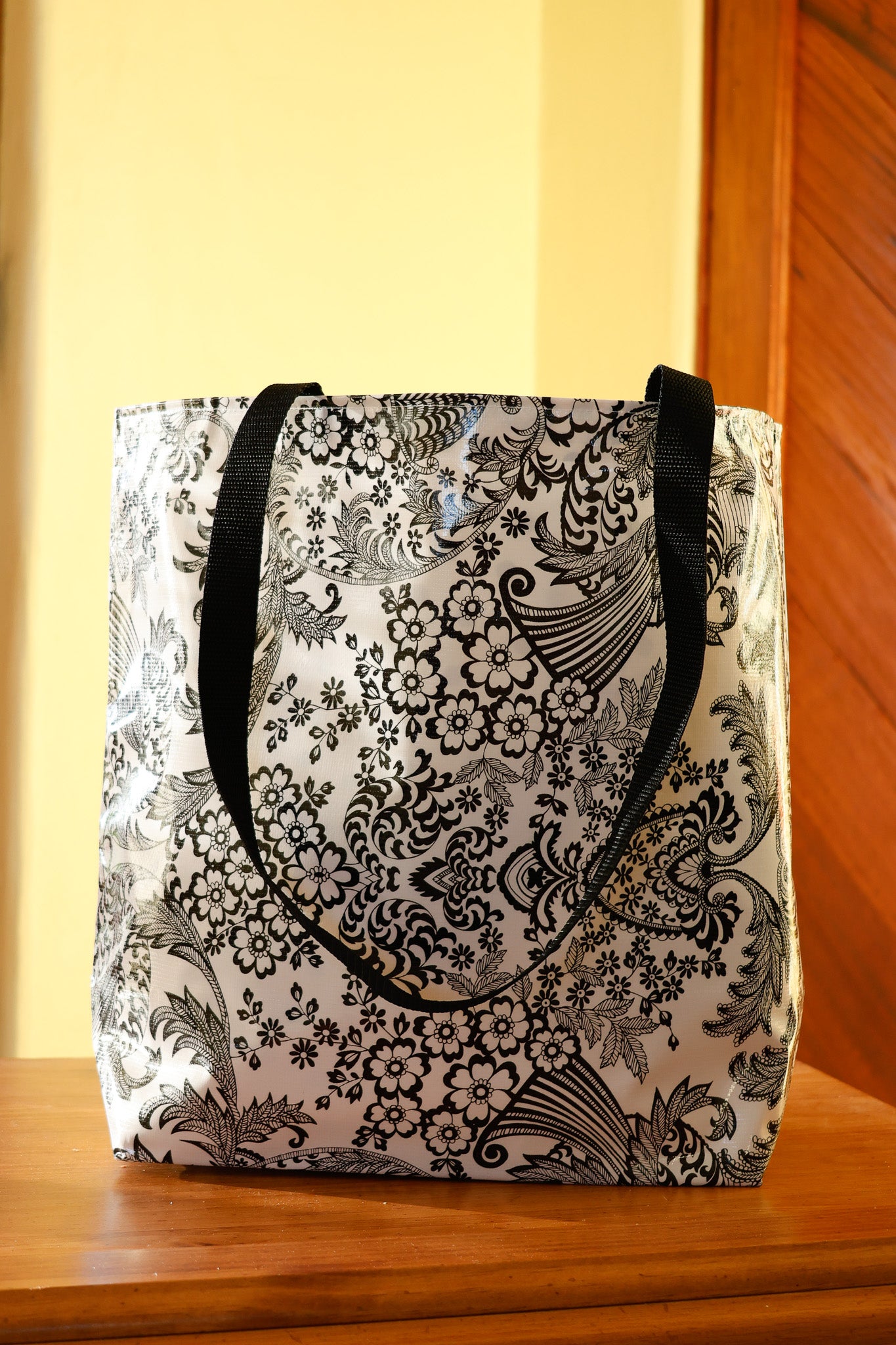 Reversible Oilcloth Totebag - Black and White Toile with Pink or Black Polka - Two Sizes