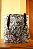 Reversible Oilcloth Totebag - Black and White Toile with Pink or Black Polka - Two Sizes