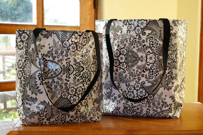 Reversible Oilcloth Totebag - Black and White Toile with Pink or Black Polka - Two Sizes