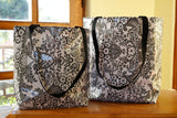 Reversible Oilcloth Totebag - Black and White Toile with Pink or Black Polka - Two Sizes