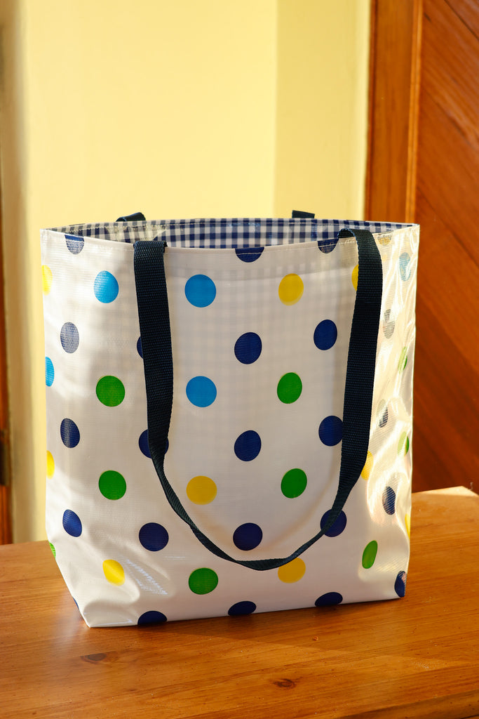 Reversible Oilcloth Totebag Blue Confetti with Blue Gingham, Two Siz
