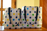 Reversible Oilcloth Totebag - Blue Confetti with Blue Gingham, Two Sizes