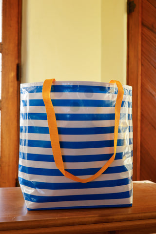 Reversible Oilcloth Totebag - Blue Stripes with Blue Confetti, Two Sizes