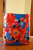 Reversible Oilcloth Totebag - Silver Flora with Orange Gingham, Two Sizes