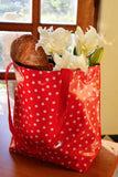 Reversible Oilcloth Totebag - White on Red Polka Dot with Black Cherry