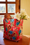Reversible Oilcloth Totebag - Red Spring Bloom with Red Gingham - Two Sizes