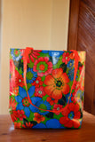 Reversible Oilcloth Totebag - Green Flora with Orange Gingham, Two Sizes