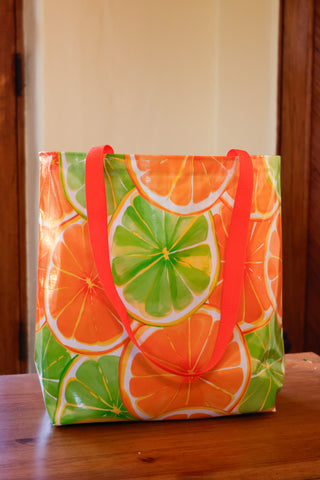 Reversible Oilcloth Totebag - Citrus Spill with Green Gingham, Two Sizes