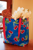 Reversible Oilcloth Totebag - Blue Cherry with Red Polka, Two Sizes