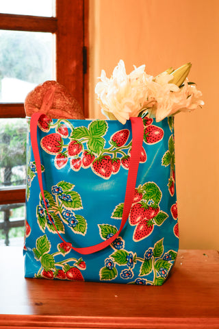 Reversible Oilcloth Totebag - Blue Strawberry with Blue Polka Dot, Two Sizes