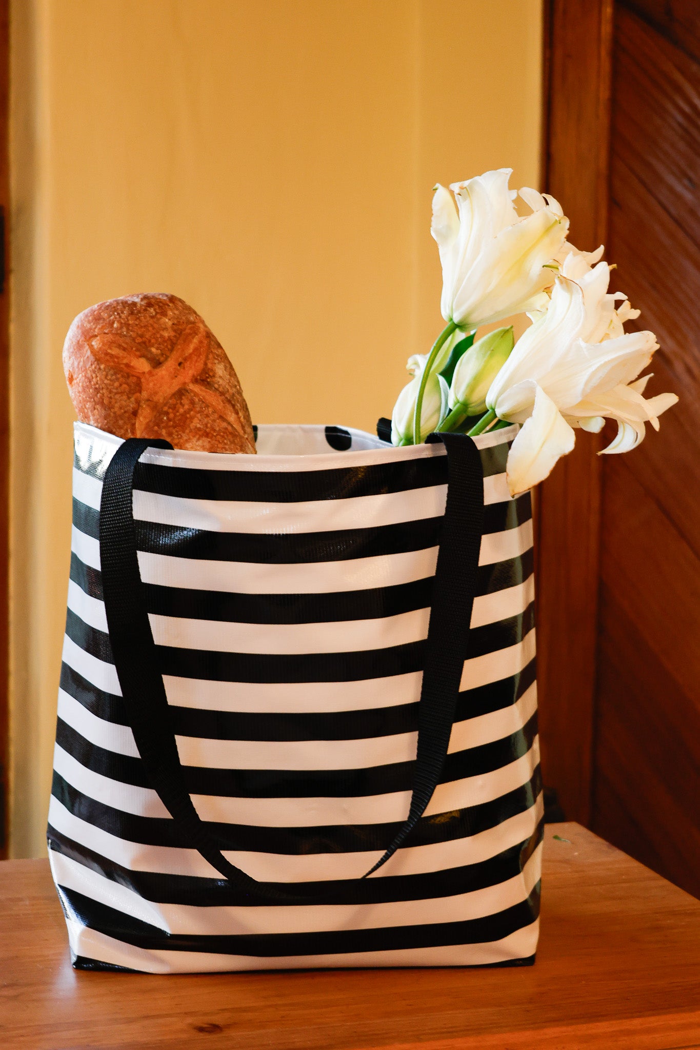 Reversible Oilcloth Totebag - Black and White Stripes with Black and Silver Confetti - Two Sizes