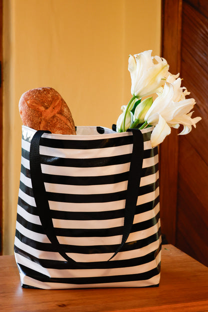 Reversible Oilcloth Totebag - Black and White Stripes with Black and Silver Confetti - Two Sizes