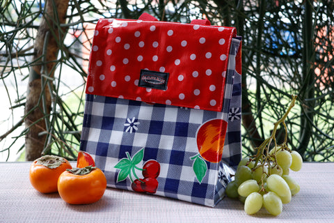 Oilcloth Insulated Lunch Bag - Blue Cafe Check with Fruit