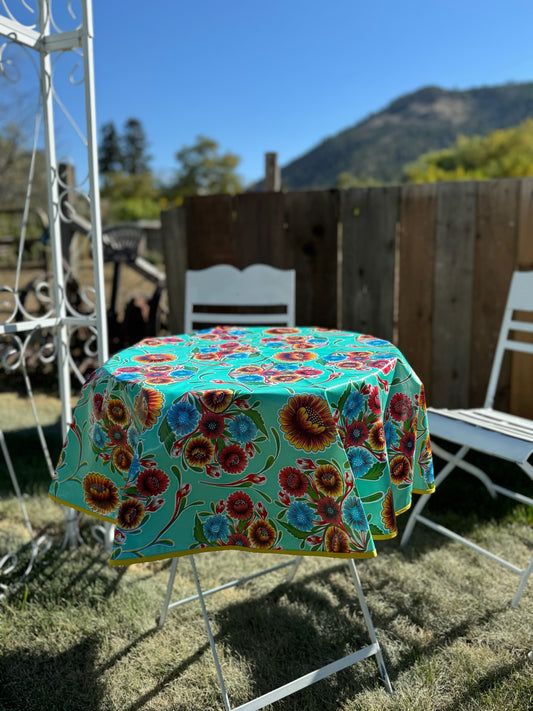 Round Aqua Spring Bloom Oilcloth Tablecloths