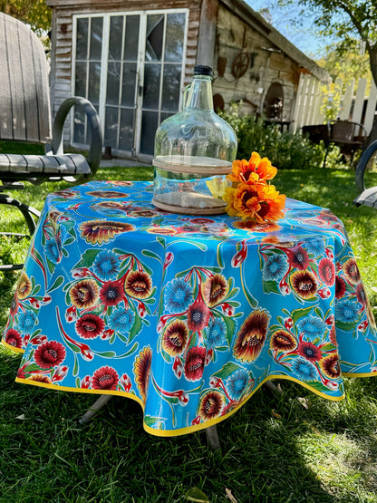 Round Light Blue Spring Bloom Oilcloth Tablecloths