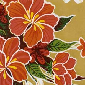 Tan Hibiscus Oilcloth Fabric - Limited Stock