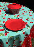 Round Turquoise Cherry with White on Red Polka Borders Oilcloth Tablecloth