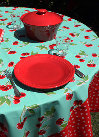Round Turquoise Cherry with White on Red Polka Borders Oilcloth Tablecloth