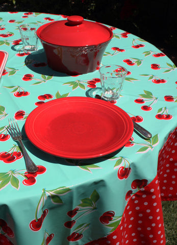 Round Turquoise Cherry with White on Red Polka Borders Oilcloth Tablecloth