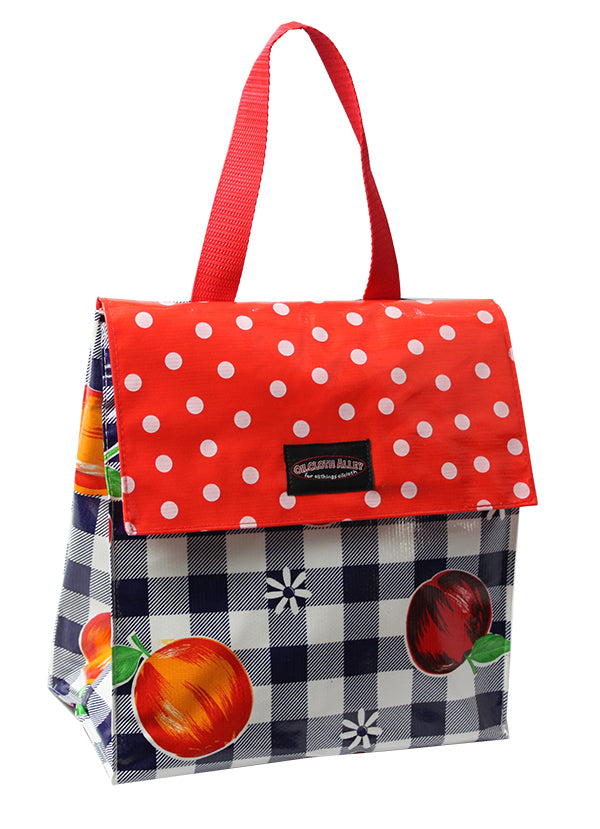 Oilcloth Insulated Lunch Bag - Blue Cafe Check with Fruit