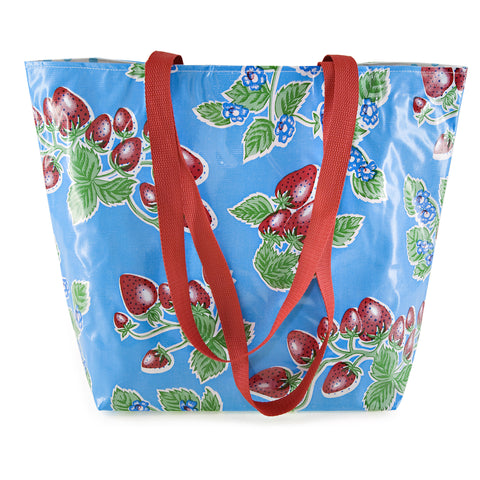 Reversible Oilcloth Totebag - Light Blue Strawberry with Light Blue Polka