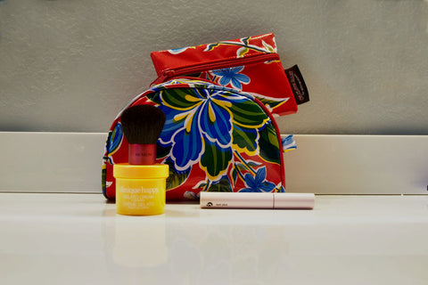 Red Hibiscus Oilcloth Combination Set - Mini and Small Cosmetic Bag, Small Pouch