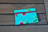 Turquoise Cherry Print Oilcloth Combination Set - Mini Cosmetic Bag & Pouch