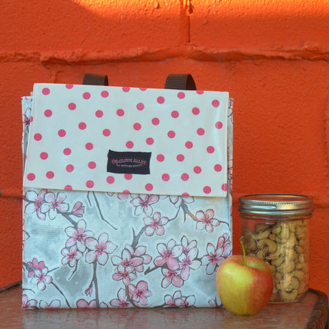 Oilcloth Insulated Lunch Bag - Silver Cherry Blossom