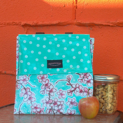 Oilcloth Insulated Lunch Bag - Seafoam Cherry Blossom