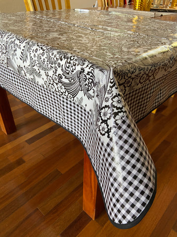 Black and White Toile and Black Gingham Oilcloth Tablecloth - 84" x 56"
