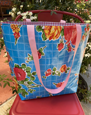 Reversible Oilcloth Totebag - Aqua Roses with Pink Gingham