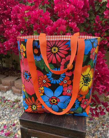 Reversible Oilcloth Totebag - Black Flora with Orange Gingham - Two Sizes
