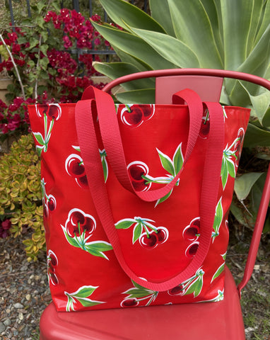 Reversible Oilcloth Totebag - Red Cherry with Red Gingham
