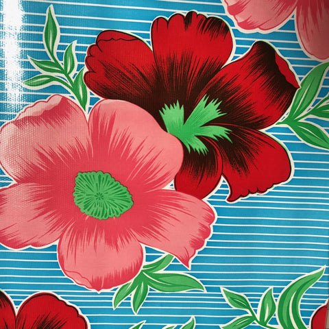 Light Blue Bold Flower and Stripes Oilcloth Fabric