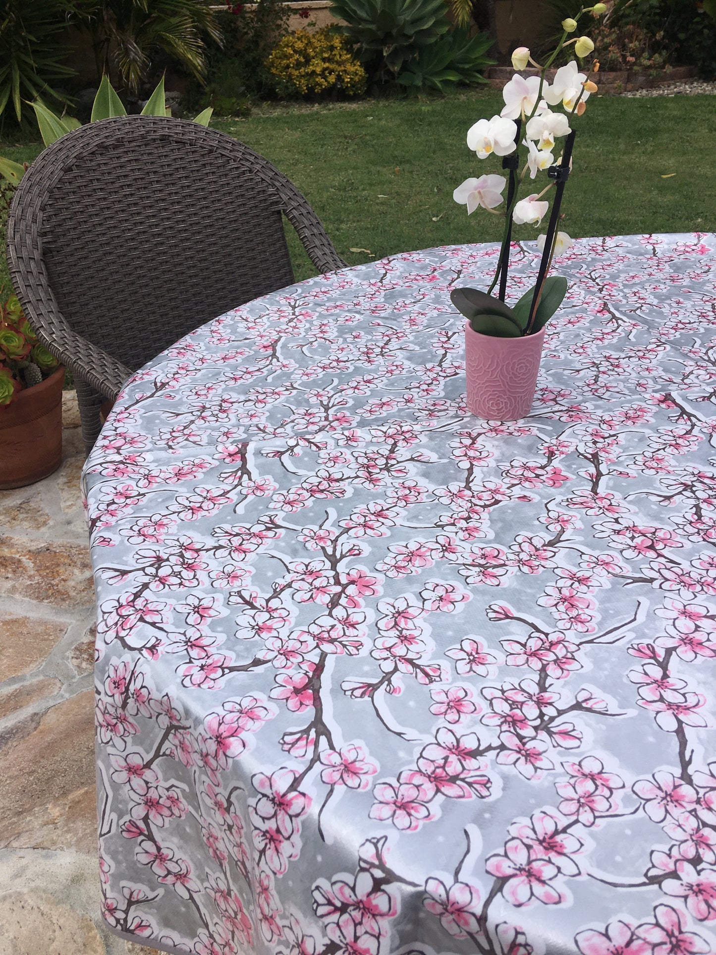 Round Silver Cherry Blossom Oilcloth Tablecloths