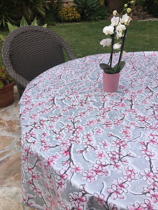Round Silver Cherry Blossom Oilcloth Tablecloths