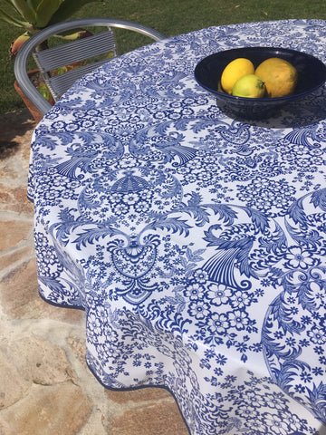 Round Blue Toile Oilcloth Tablecloth